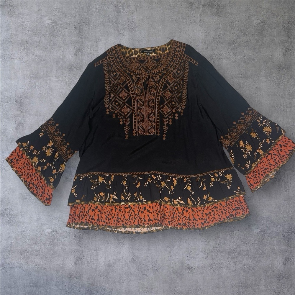John Mark Embroidered Tunic Blouse Womens 1X Bell Sleeve Boho Cottagecore Artsy